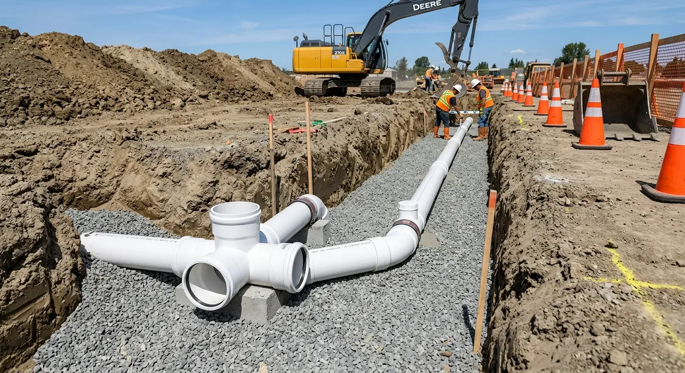 New PVC sewer pipe installation in open trench for Grease Trap Cleaning in Winfield