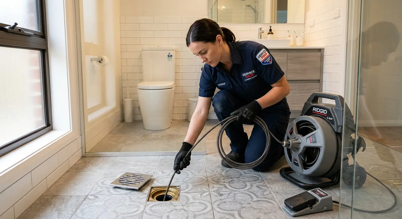 Technician clearing a bathroom floor drain for Hydro Jetting in Winfield